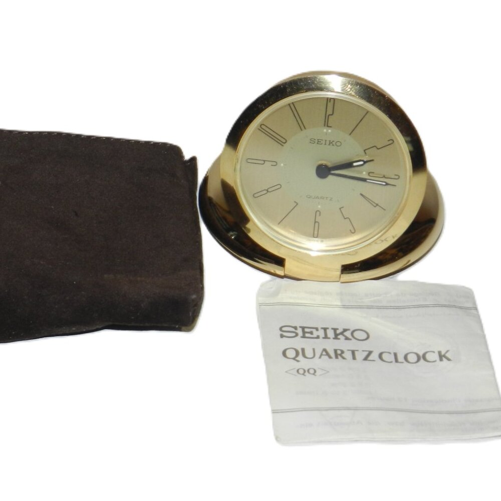 Seiko Alarm Travel Clock Champange Dial Gold Tone Round 76mm QQQ155G No Battery